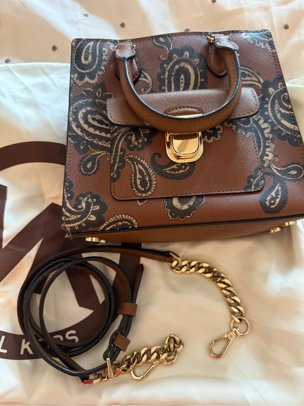 Michael Kors Brown Paisley Leather Top-Handle Satchel with Gold Hardware 2 Way - Picture 9 of 11